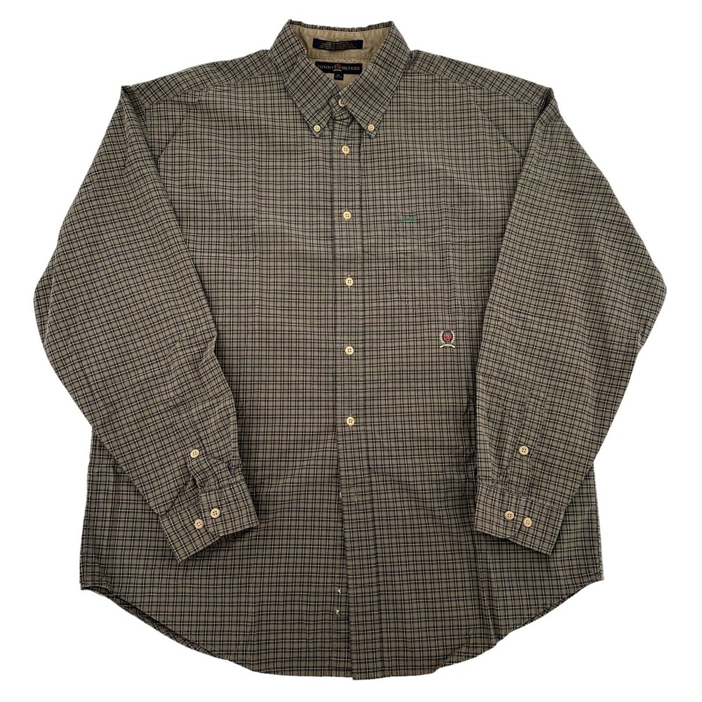 Tommy Hilfiger Men XL Brown Plaid Button Down Shirt Long Sleeve Cotton Crest
